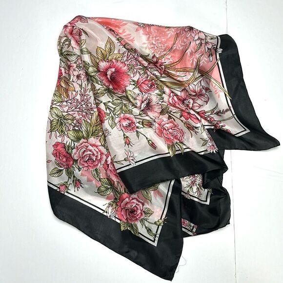 Floral Square Scarf Silky Chiffon Pink Ivory Black Trim Hand Rolled - Picture 3 of 13